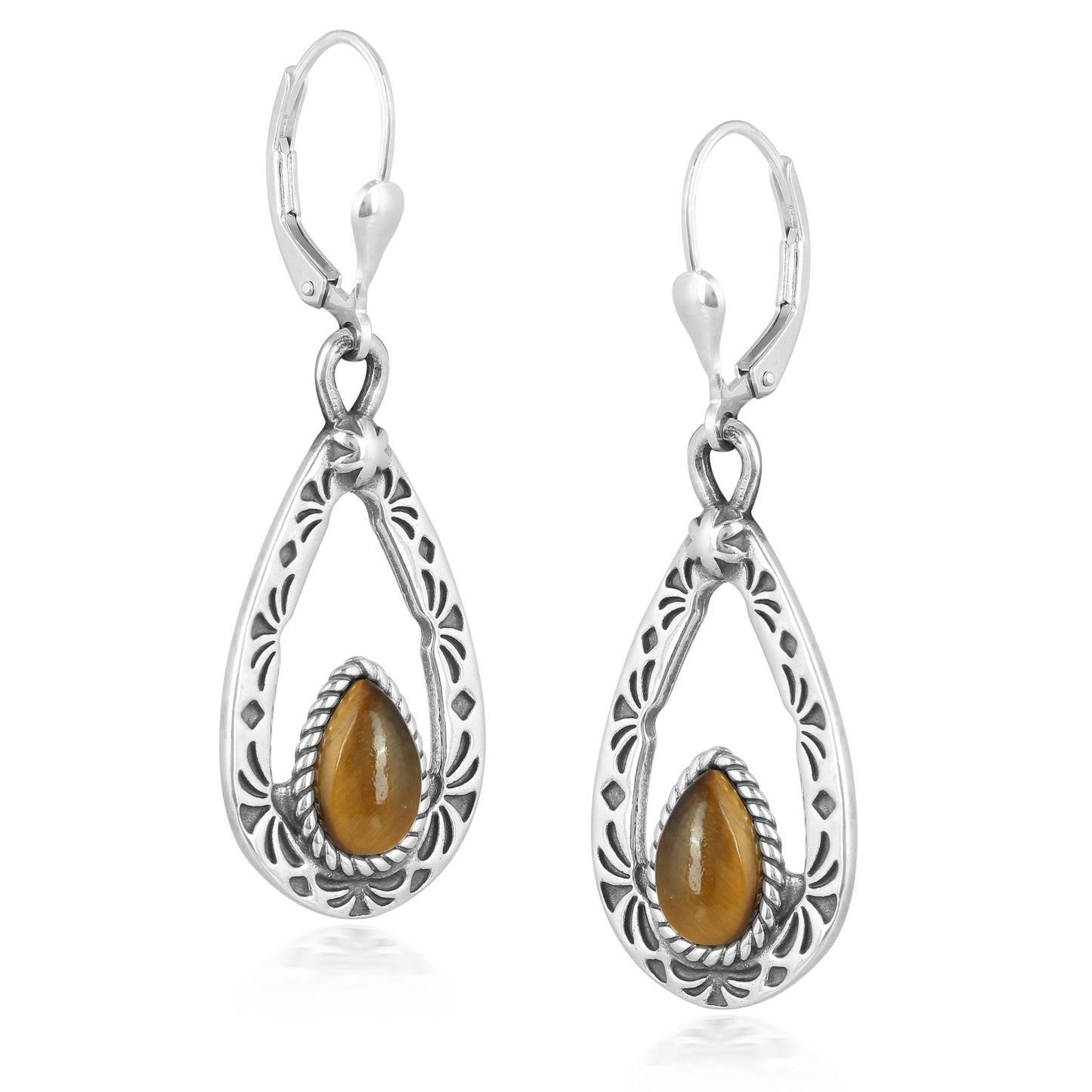 Sterling Silver Golden Brown Tiger's Eye Gemstone Teardrop Dangle Earrings
