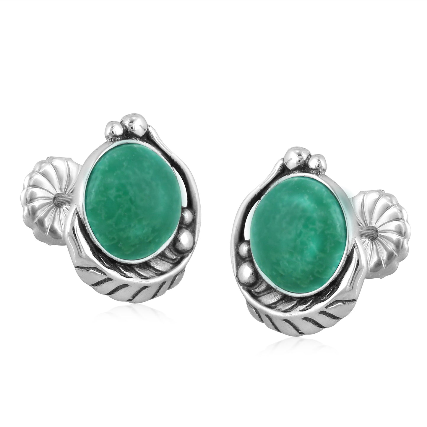 EXCLUSIVELY OURS! Sterling Silver Green Turquoise Leaf Design Button Earrings