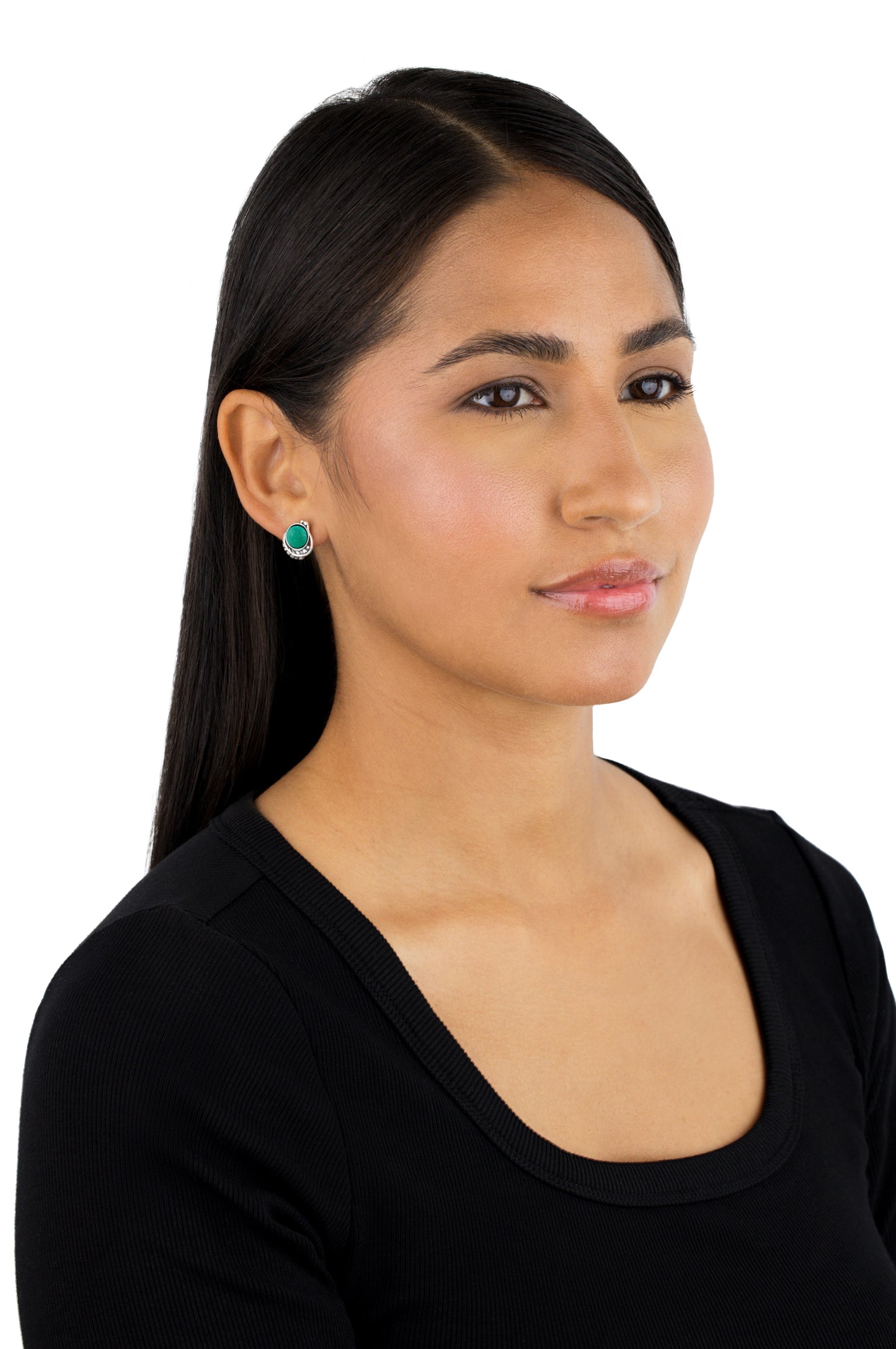 EXCLUSIVELY OURS! Sterling Silver Green Turquoise Leaf Design Button Earrings