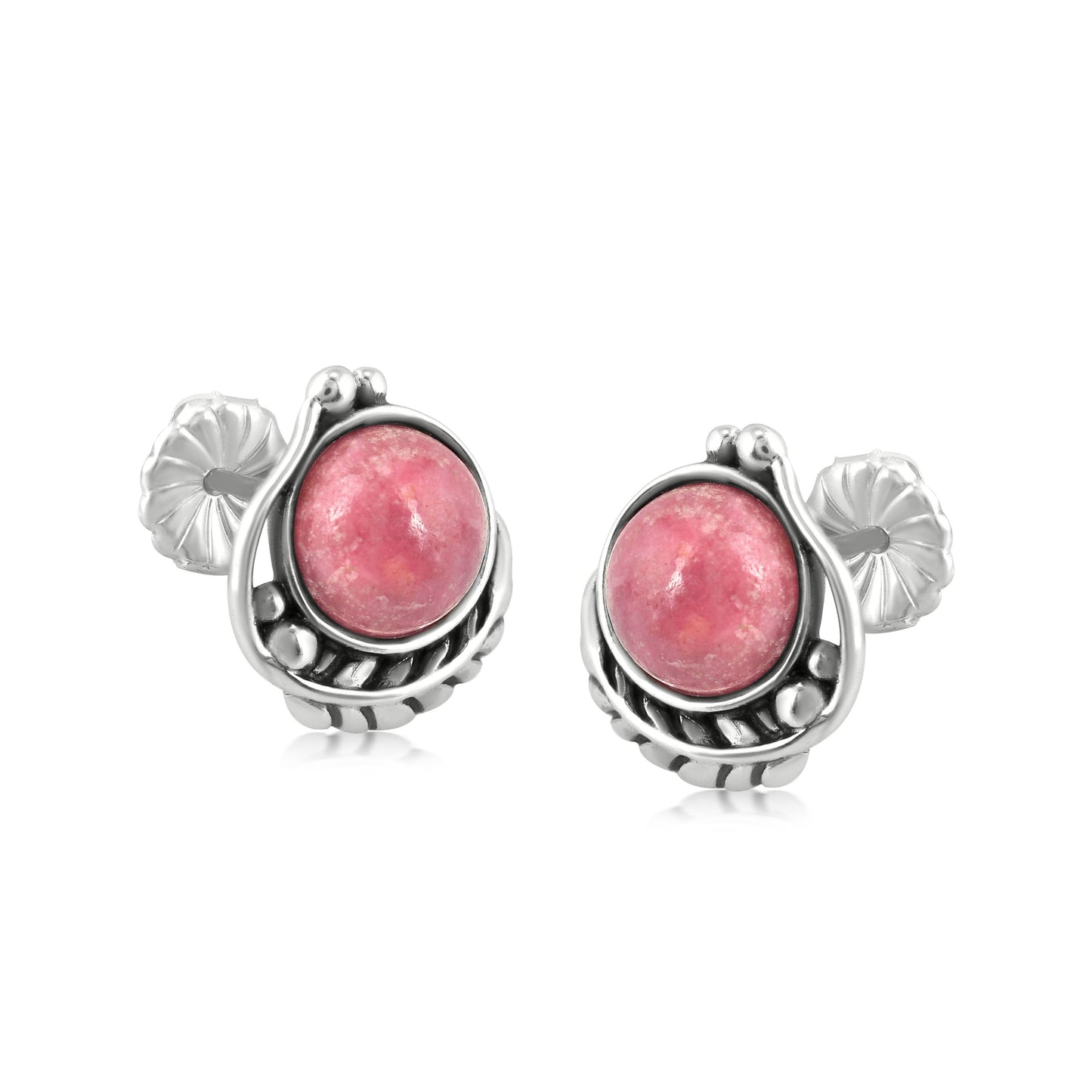 Sterling Silver Rhodonite Gemstone Leaf Design Button Earrings
