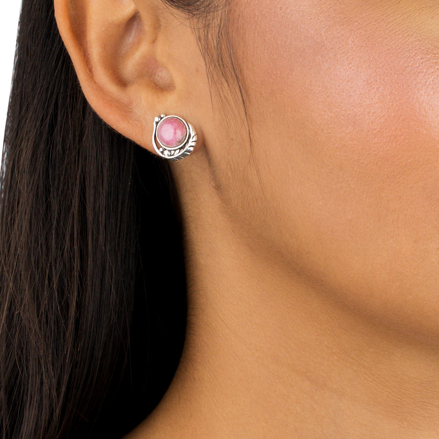 Sterling Silver Rhodonite Gemstone Leaf Design Button Earrings