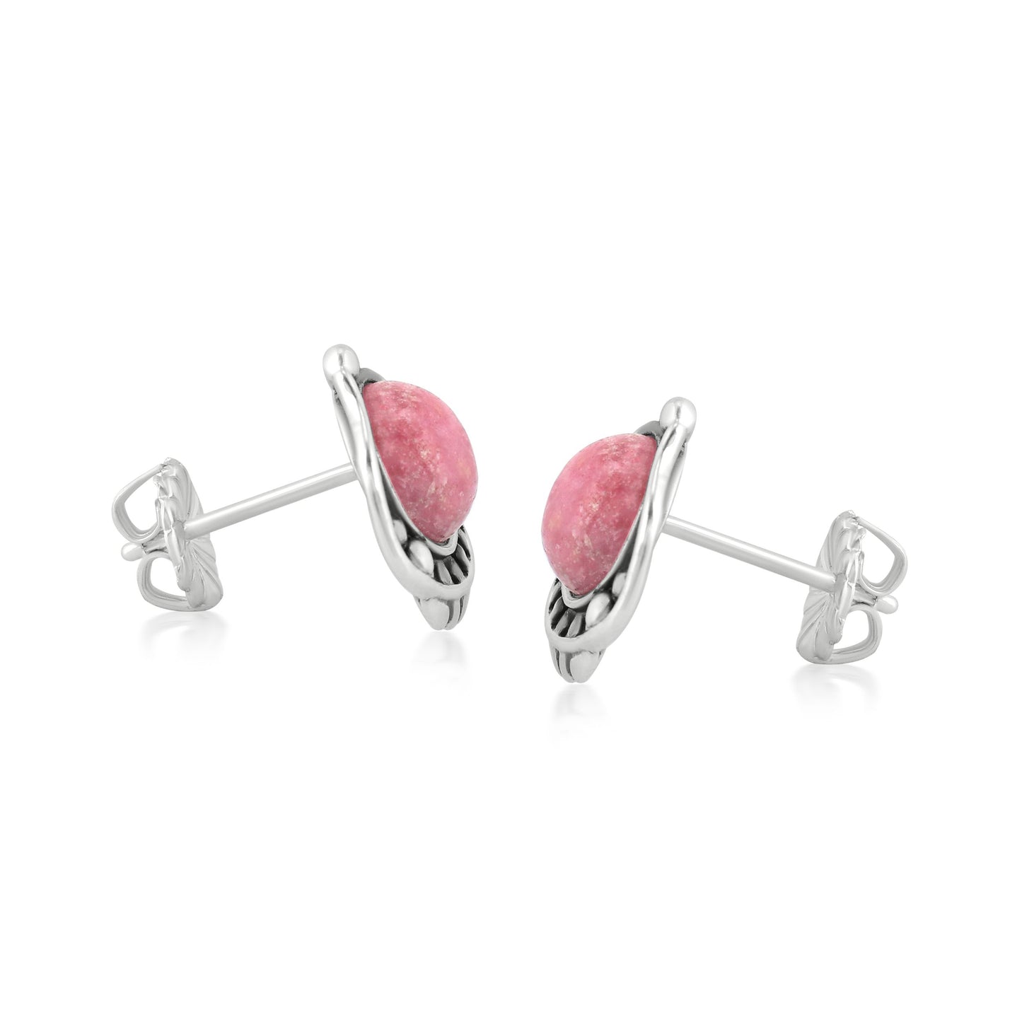 Sterling Silver Rhodonite Gemstone Leaf Design Button Earrings