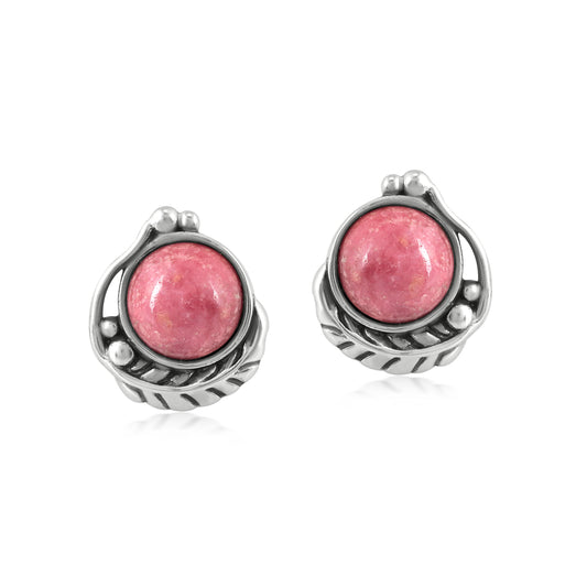 Sterling Silver Rhodonite Gemstone Leaf Design Button Earrings