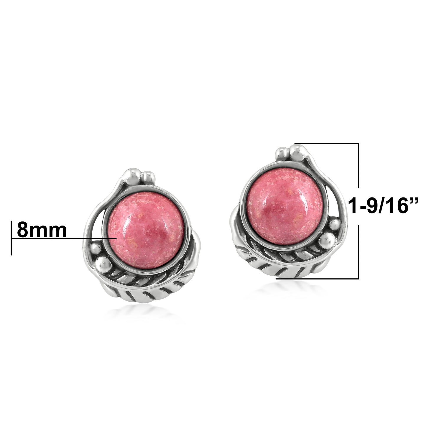Sterling Silver Rhodonite Gemstone Leaf Design Button Earrings