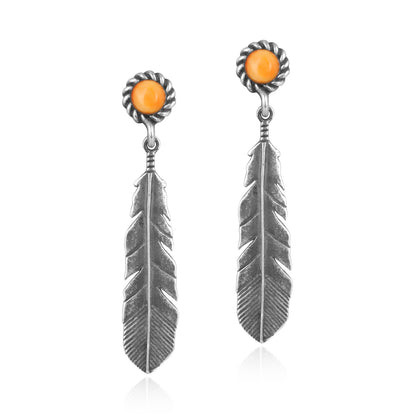 Sterling Silver Feather & Orange Spiny Oyster Earrings