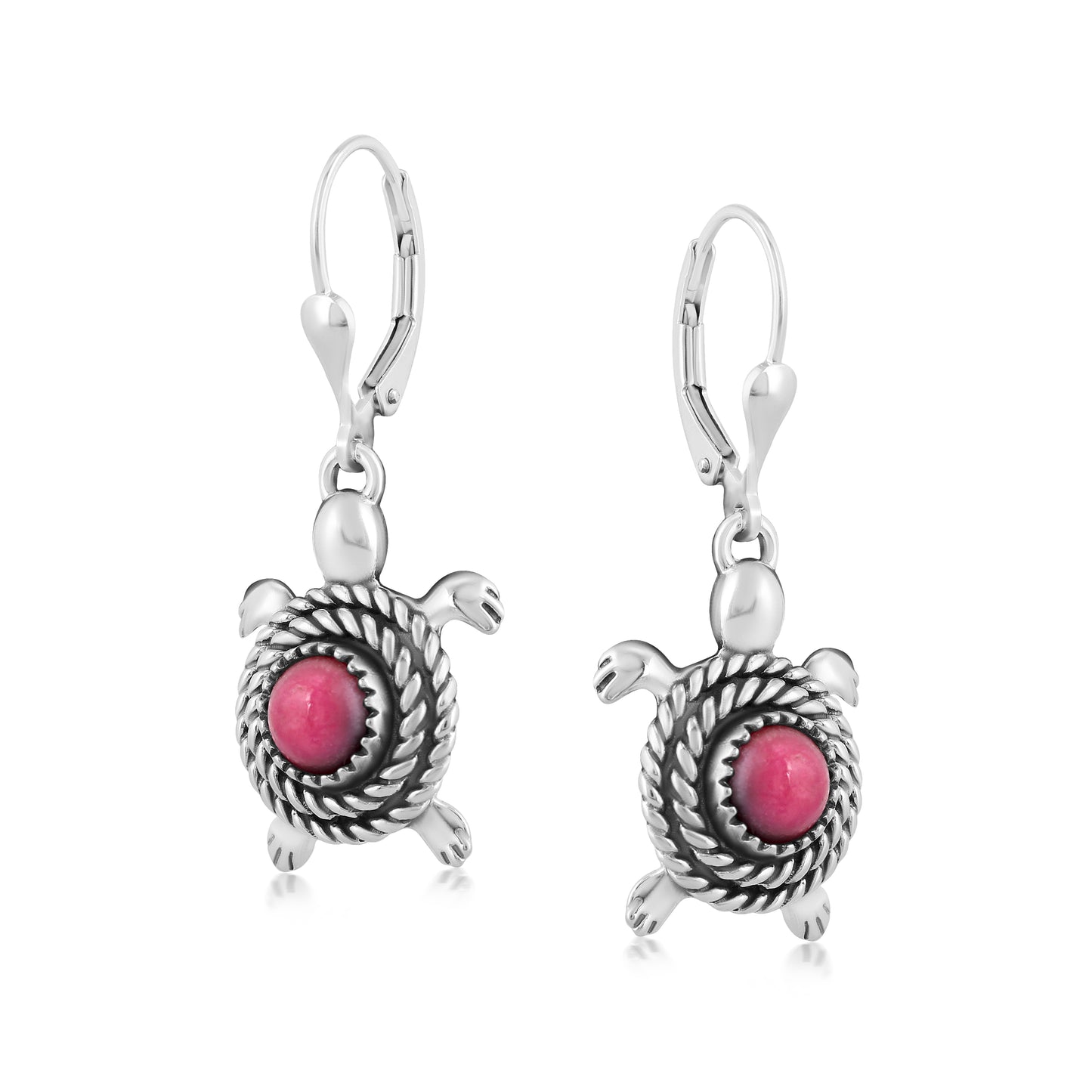 Sterling Silver Rhodonite Gemstone Turtle Design Drop and Dangle Earrings