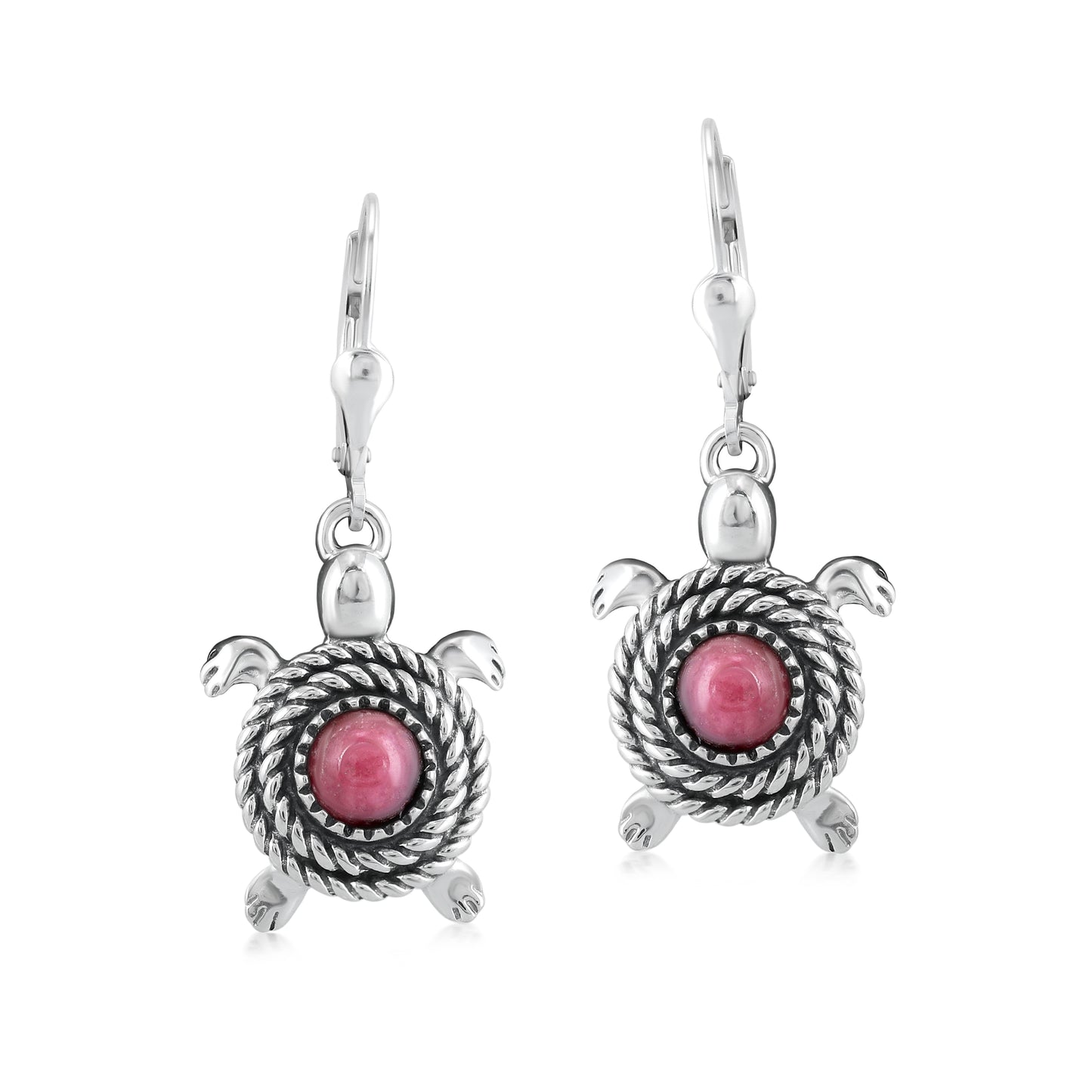 Sterling Silver Rhodonite Gemstone Turtle Design Drop and Dangle Earrings