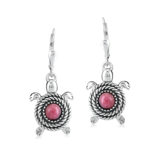 Southwestern Sterling Silver with Rhodonite Gemstone Turtle Design Drop and Dangle Earrings