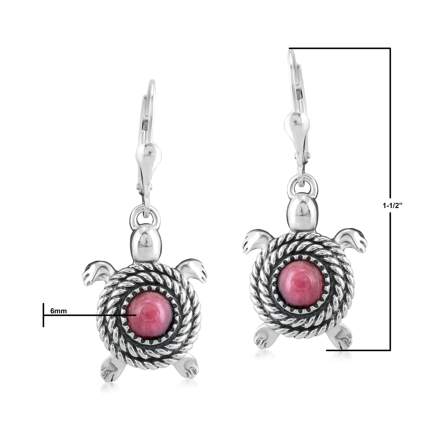 Sterling Silver Rhodonite Gemstone Turtle Design Drop and Dangle Earrings