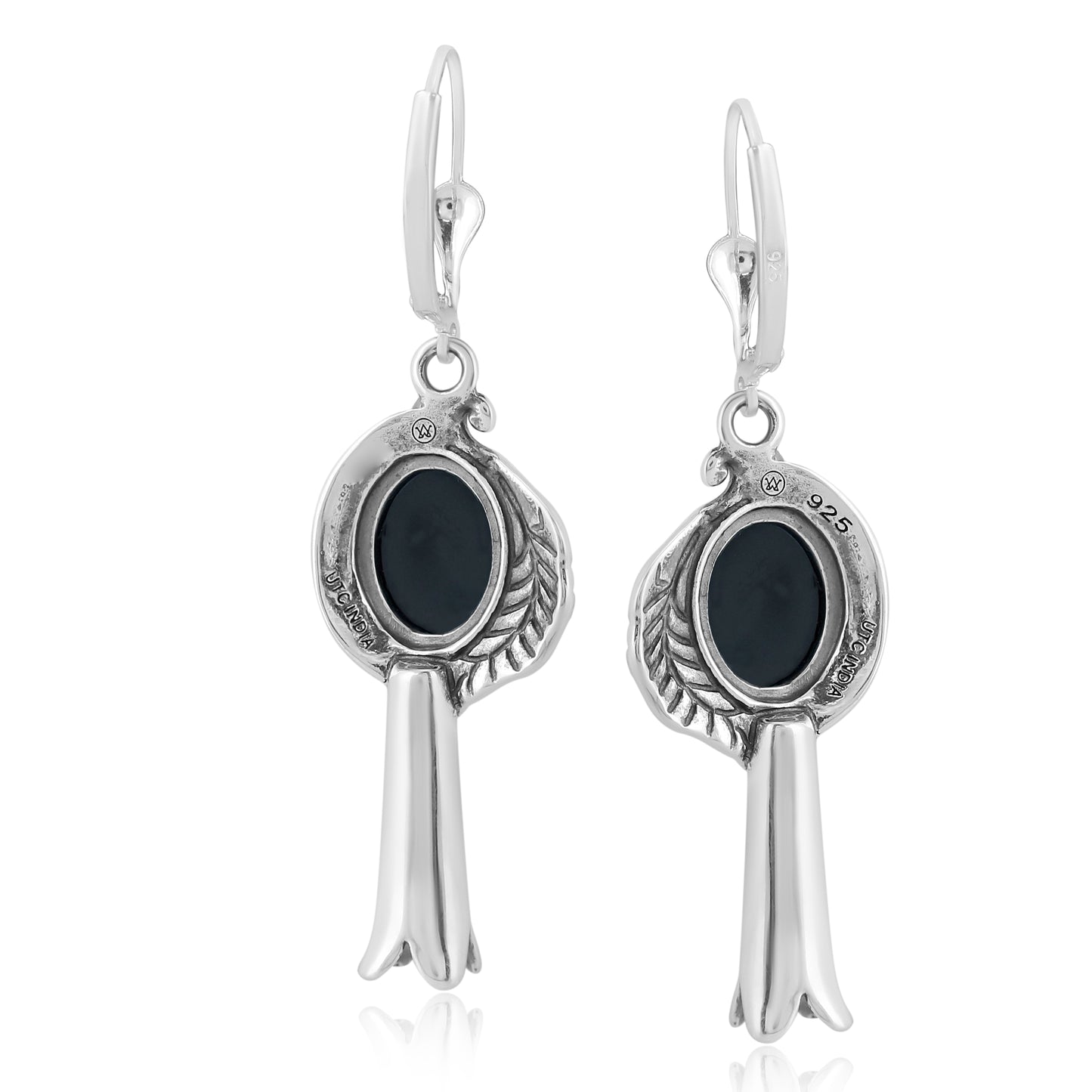 EXCLUSIVELY OURS! Sterling Silver with Black Agate Gemstone Leaf and Squash Blossom Design Women's Drop and Dangle Earrings