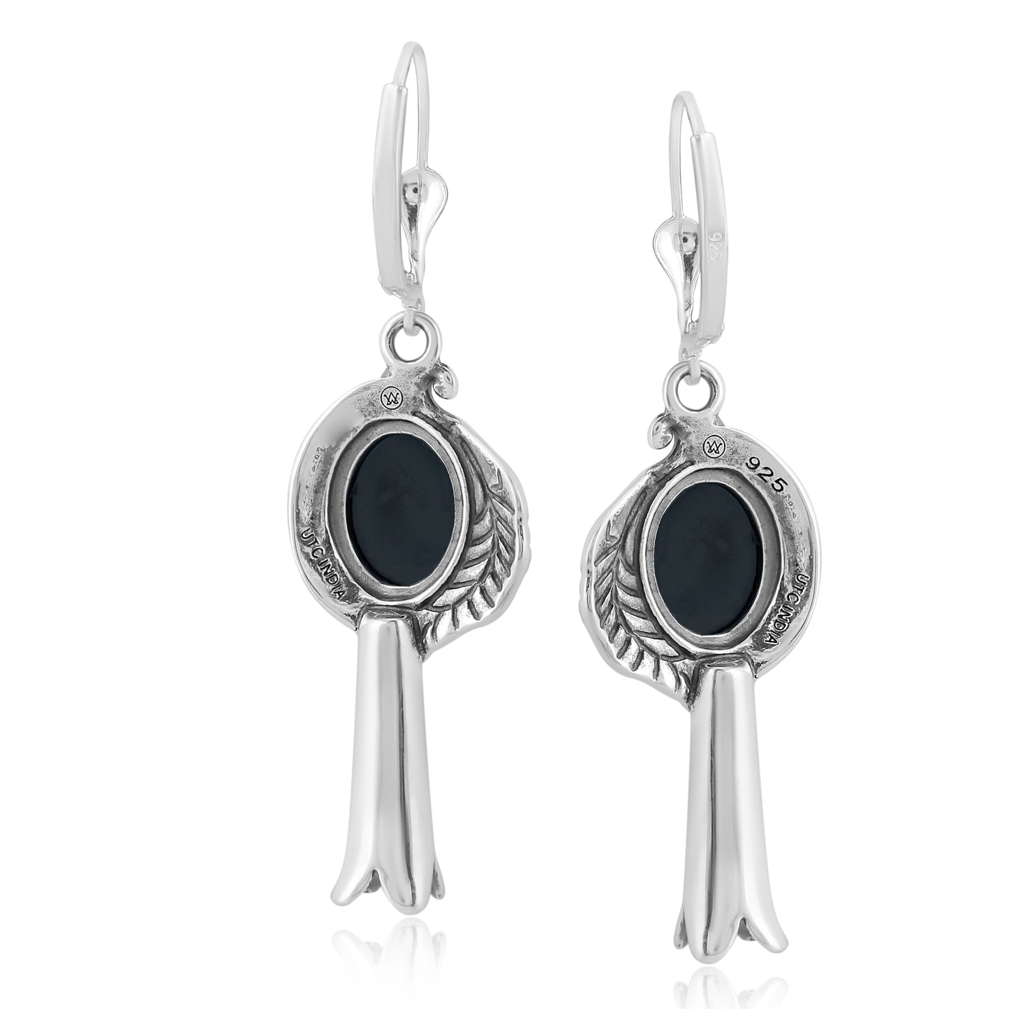 Sterling Silver with Black Agate Gemstone Leaf and Squash Blossom Design Women's Drop and Dangle Earrings