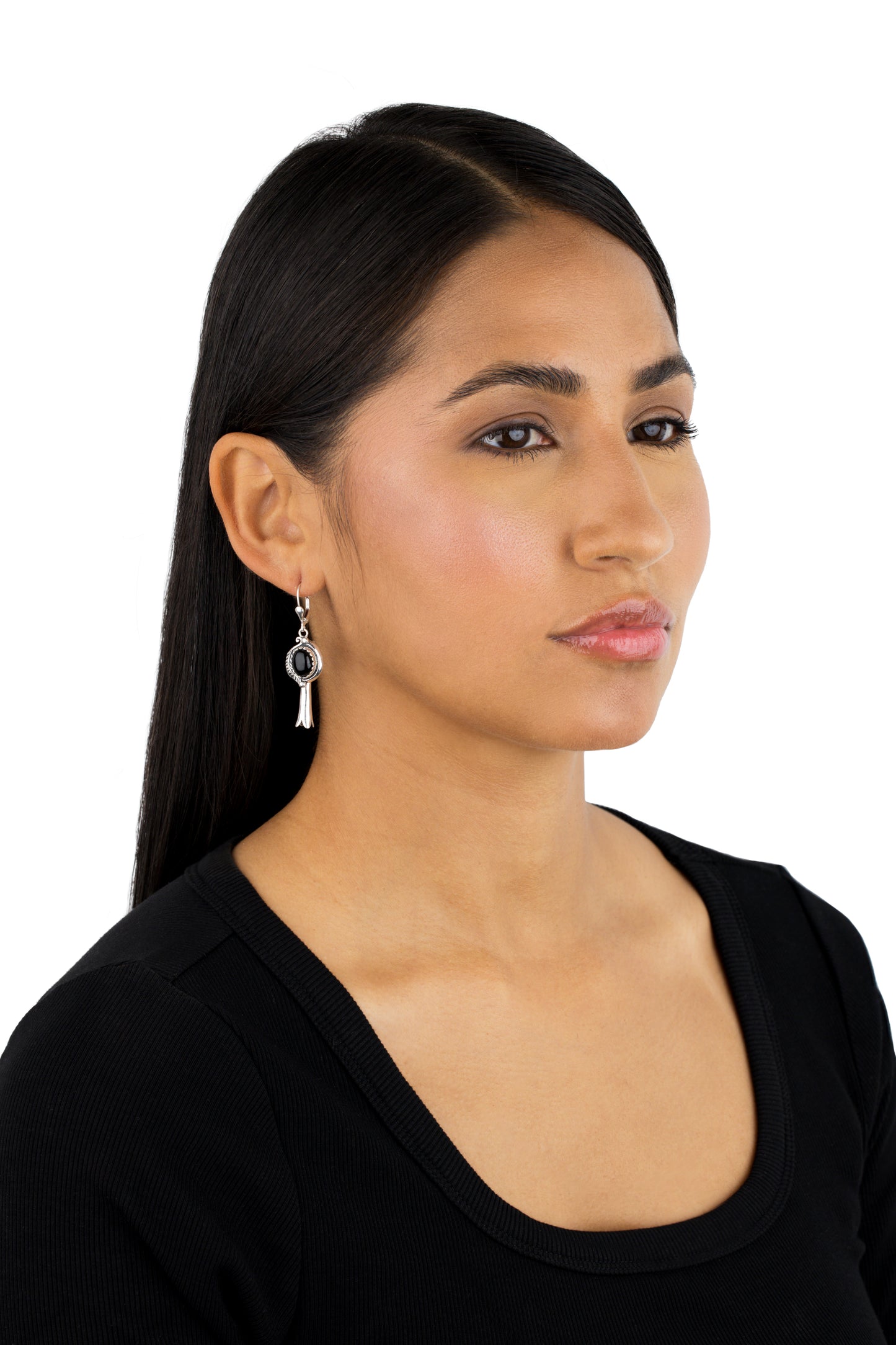 EXCLUSIVELY OURS! Sterling Silver with Black Agate Gemstone Leaf and Squash Blossom Design Women's Drop and Dangle Earrings