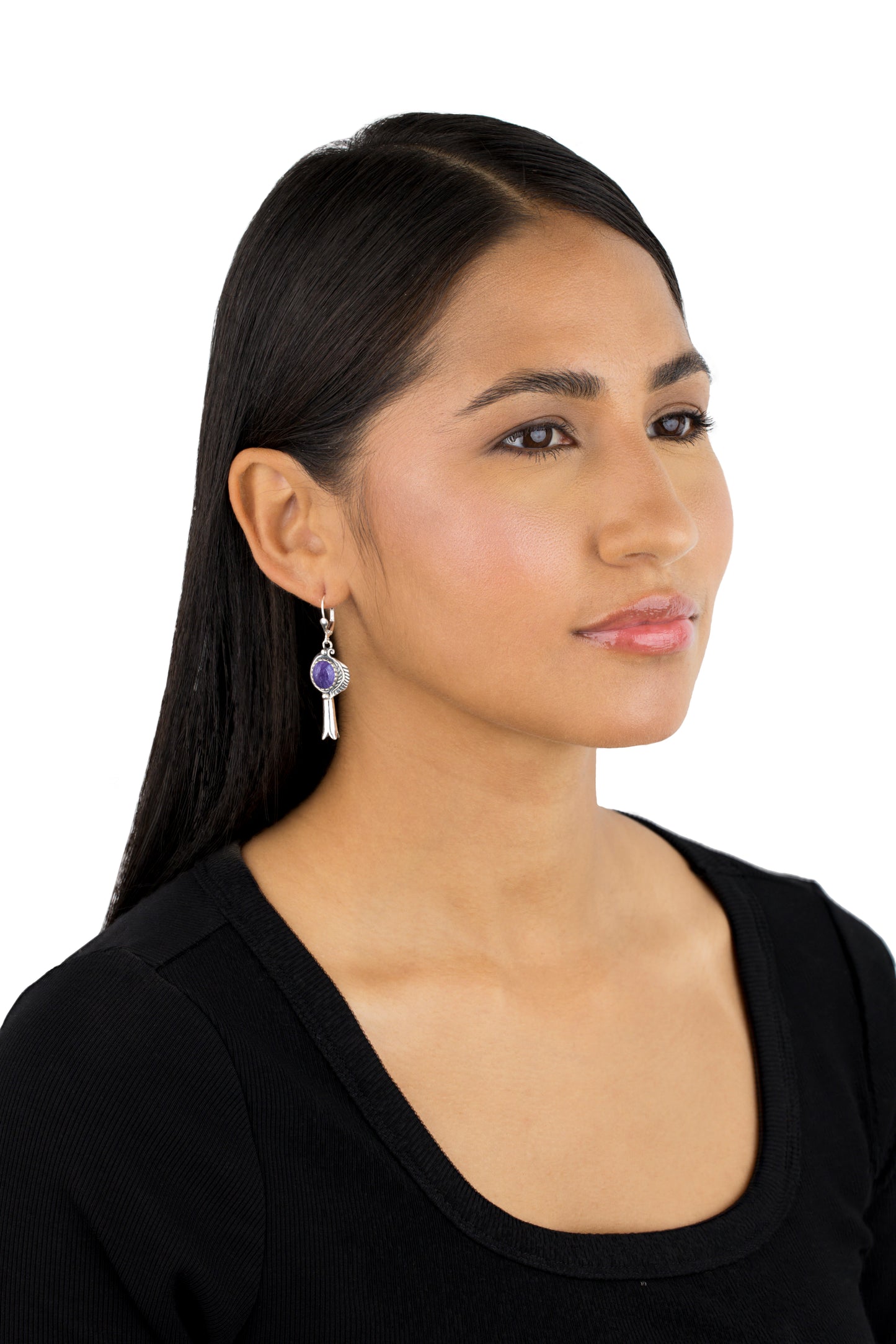 EXCLUSIVELY OURS! Sterling Silver Charoite Leaf and Squash Blossom Design Dangle Earrings