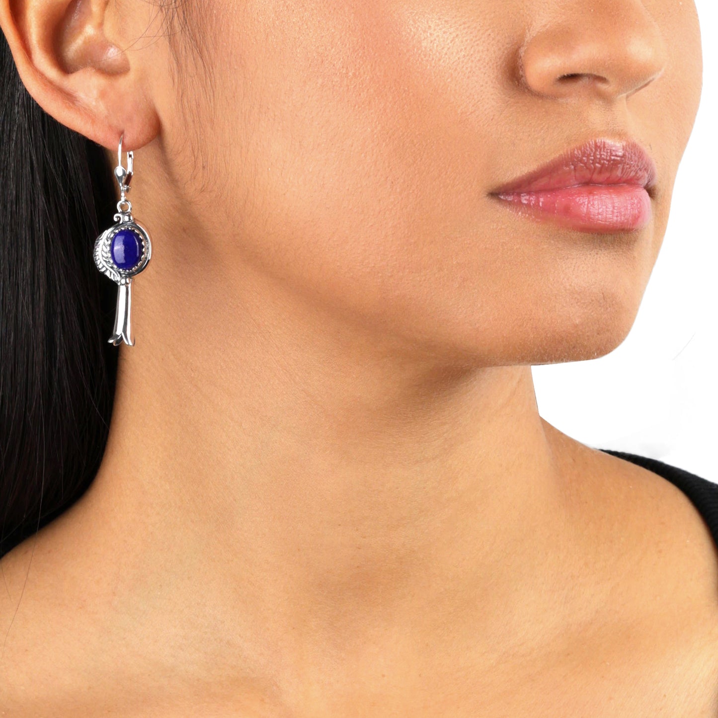 EXCLUSIVELY OURS! Sterling Silver Lapis Leaf and Squash Blossom Design Dangle Earrings