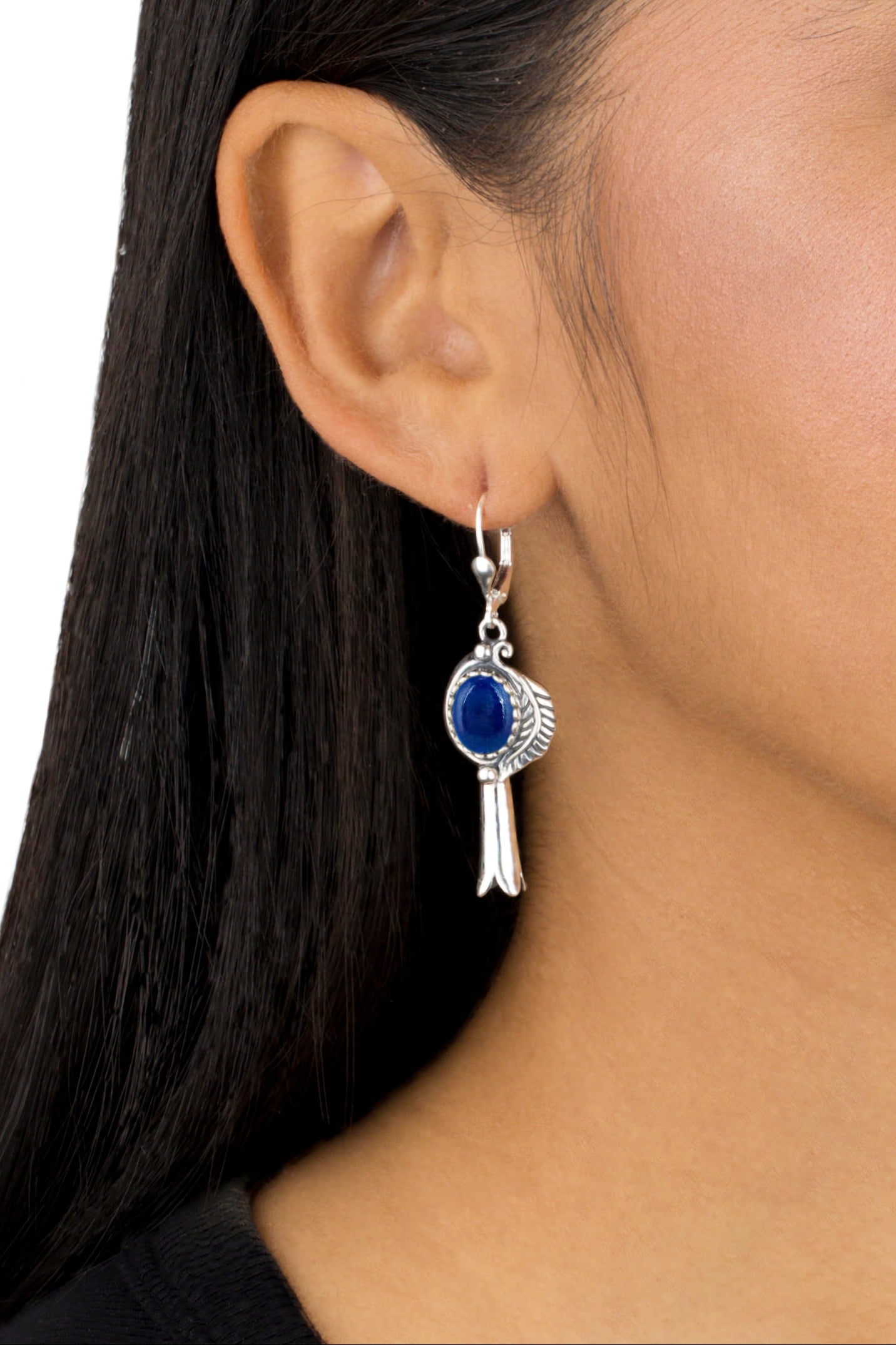 EXCLUSIVELY OURS! Sterling Silver Lapis Leaf and Squash Blossom Design Dangle Earrings