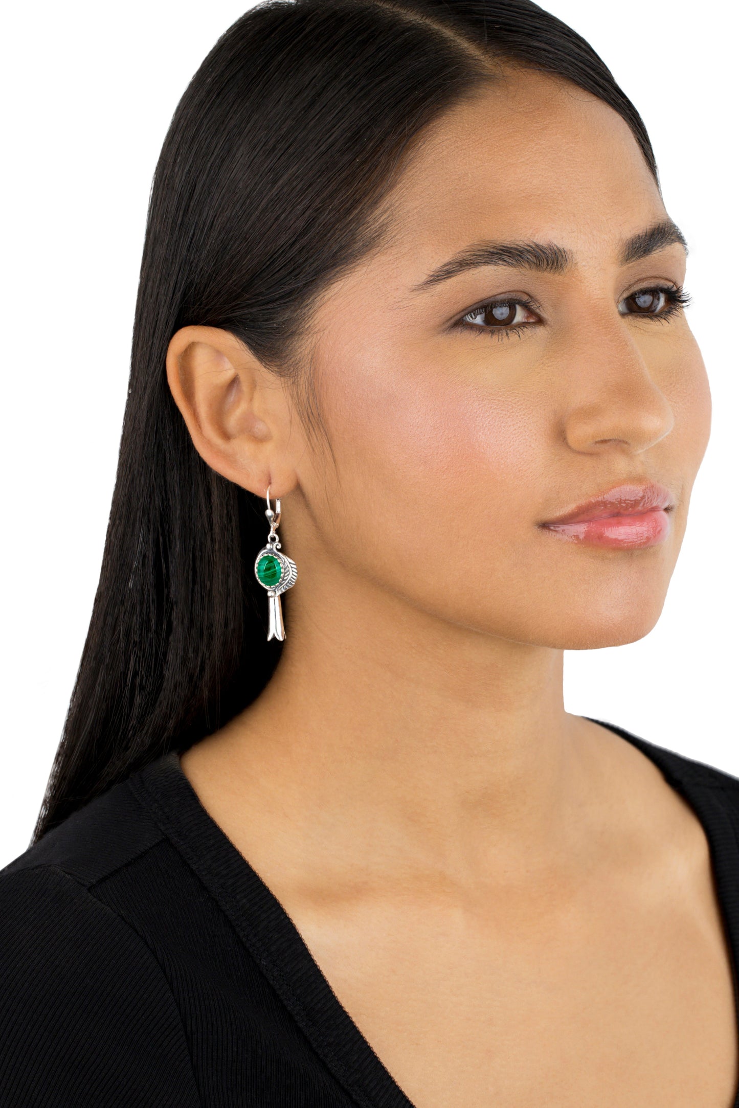 EXCLUSIVELY OURS! Sterling Silver Malachite Leaf and Squash Blossom Design Dangle Earrings