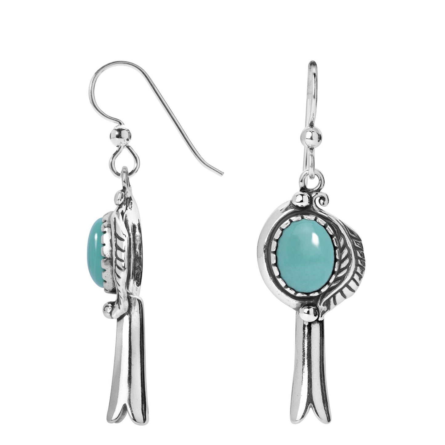 Sterling Silver Kingman Turquoise Gemstone Squash Blossom Dangle Earrings