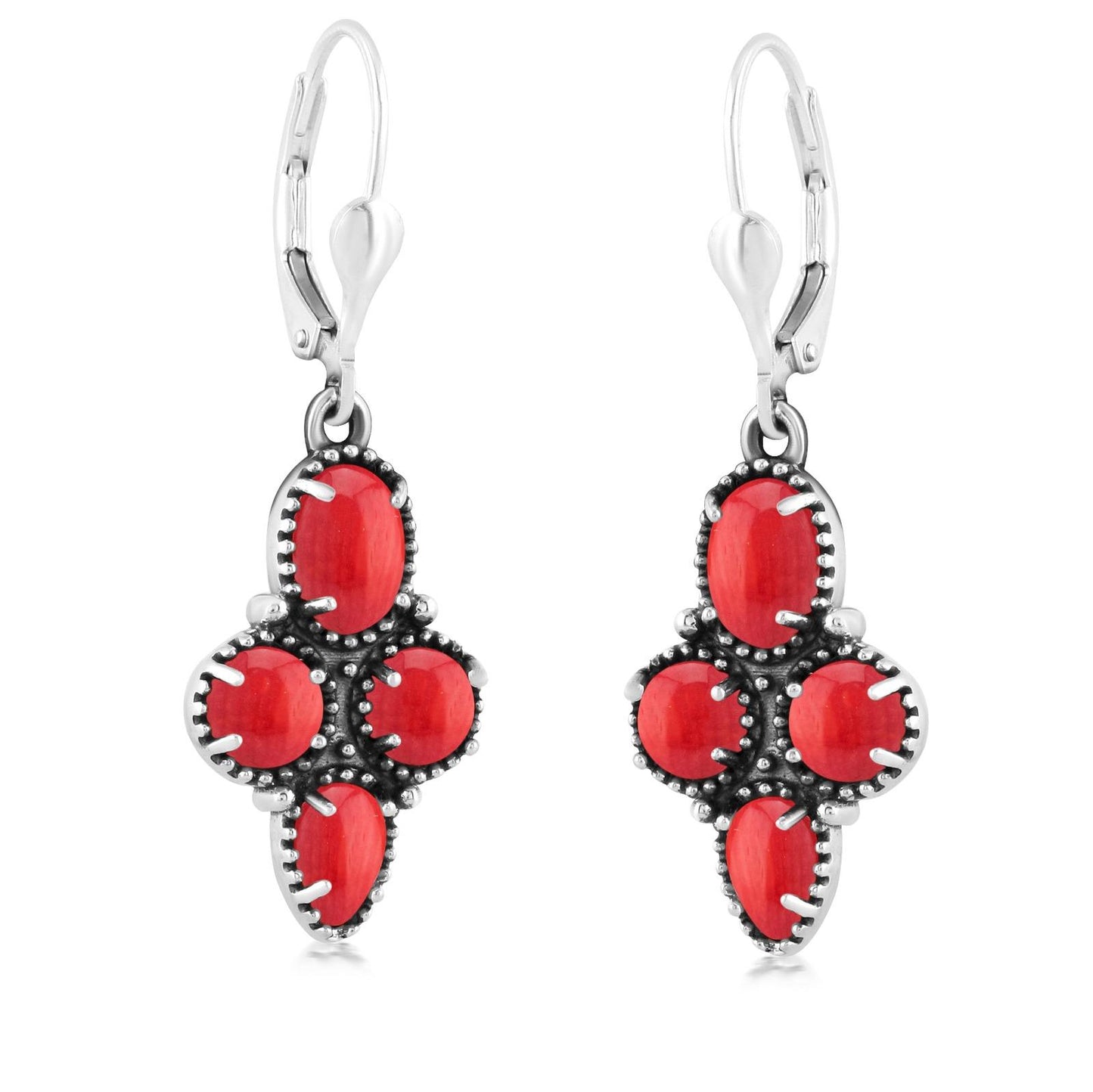 Sterling Silver Red Coral Lever Back Dangle Earrings