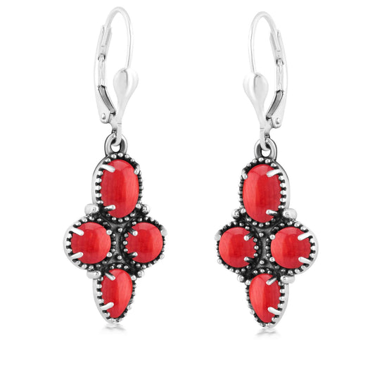 Sterling Silver Red Coral Lever Back Dangle Earrings