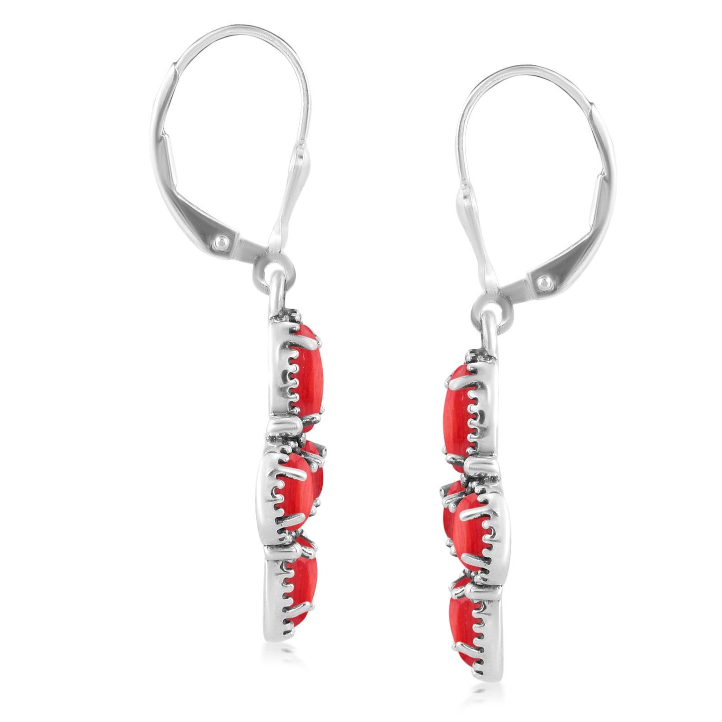 Sterling Silver Red Coral Lever Back Dangle Earrings