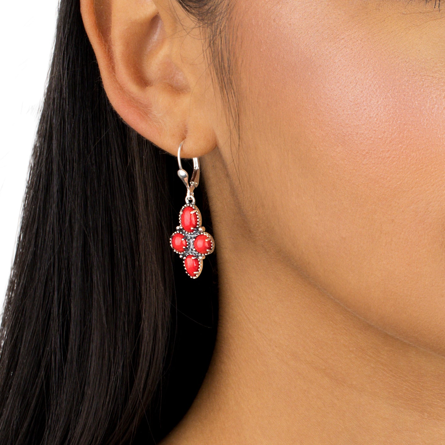 Sterling Silver Red Coral Lever Back Dangle Earrings
