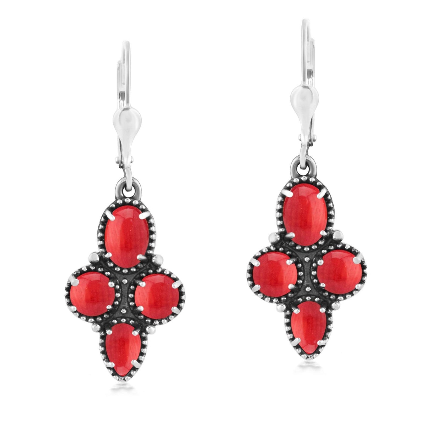 Sterling Silver Red Coral Lever Back Dangle Earrings