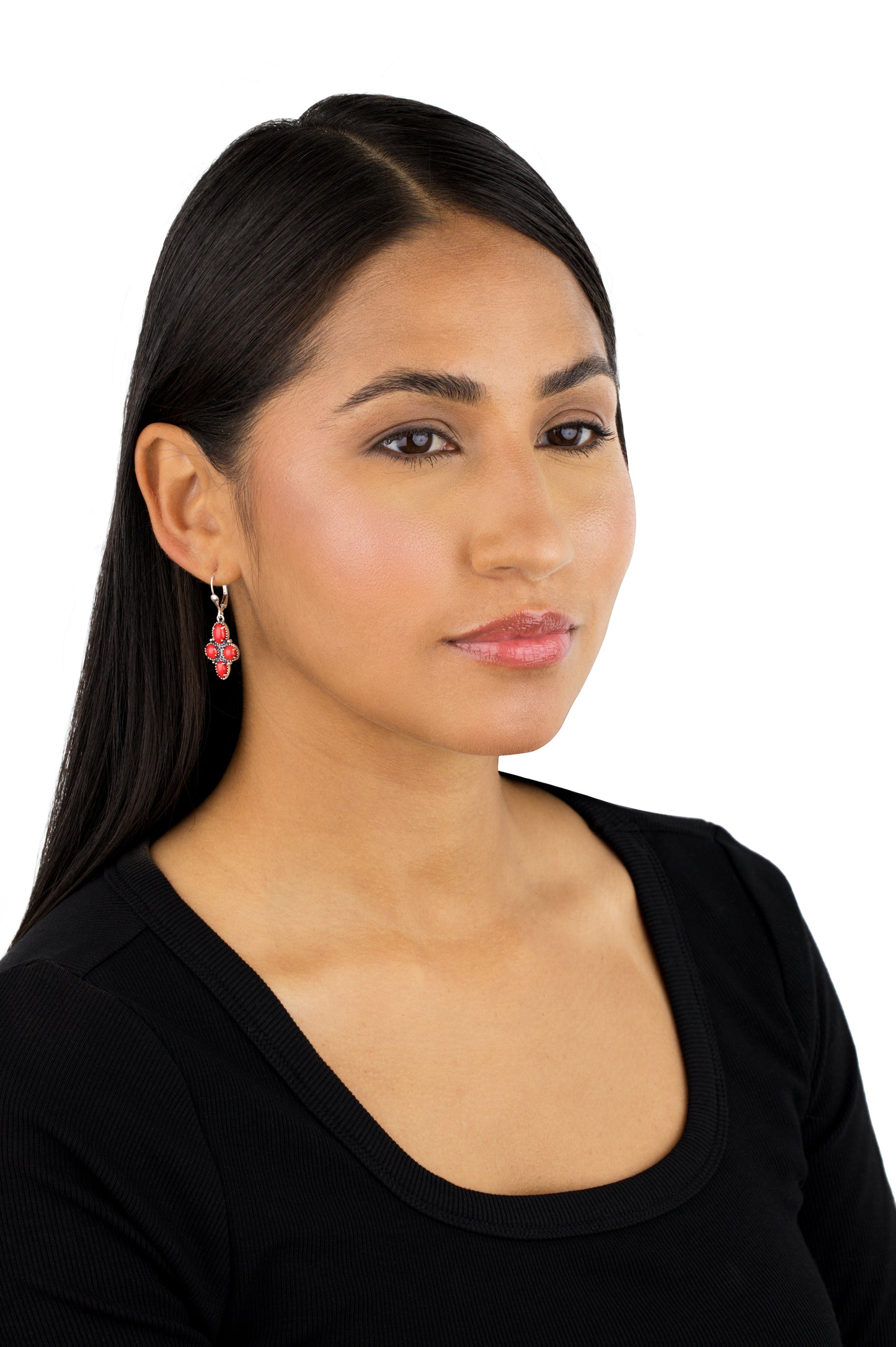 Sterling Silver Red Coral Lever Back Dangle Earrings