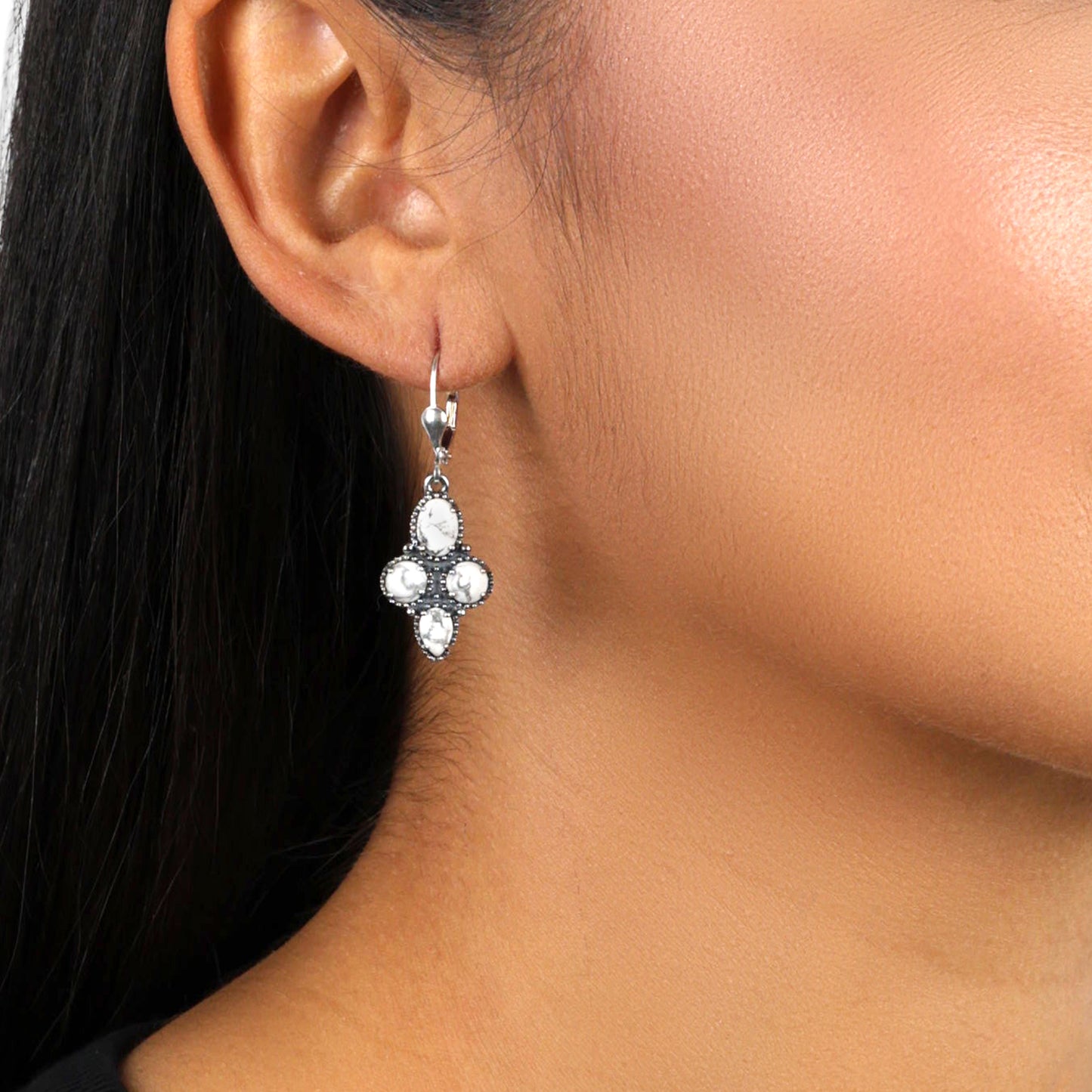 Sterling Silver White Howlite Lever Back Earrings