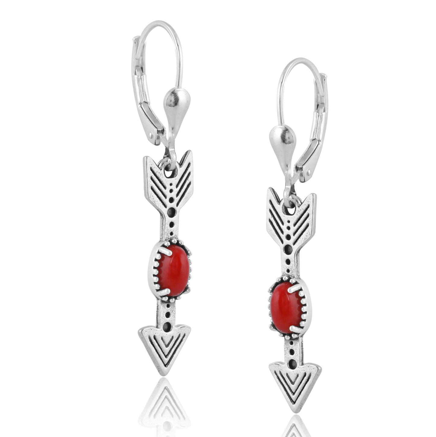 Sterling Silver Red Coral Gemstone Arrow Lever Back Earrings
