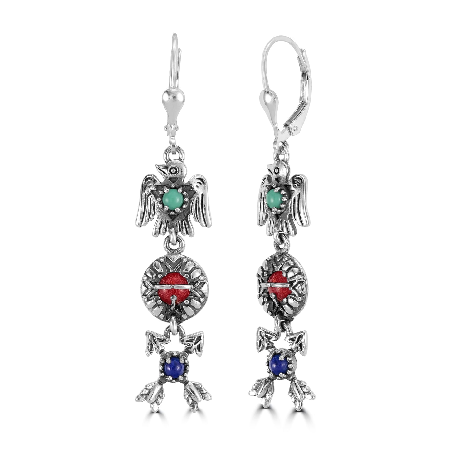 Sterling Silver Gemstone Thunderbird, Sun and Crossed Arrows Dangle Earrings