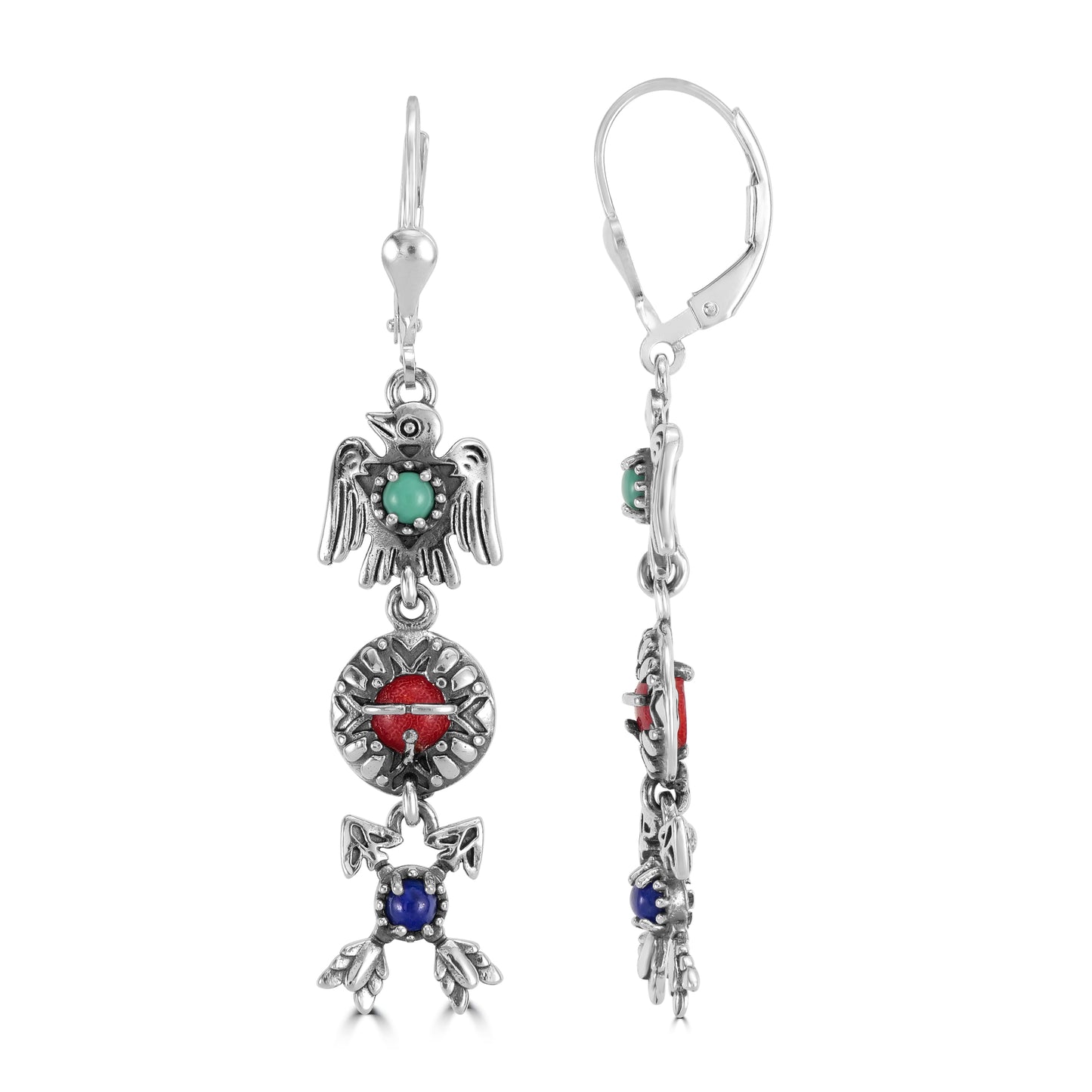 Sterling Silver Gemstone Thunderbird, Sun and Crossed Arrows Dangle Earrings