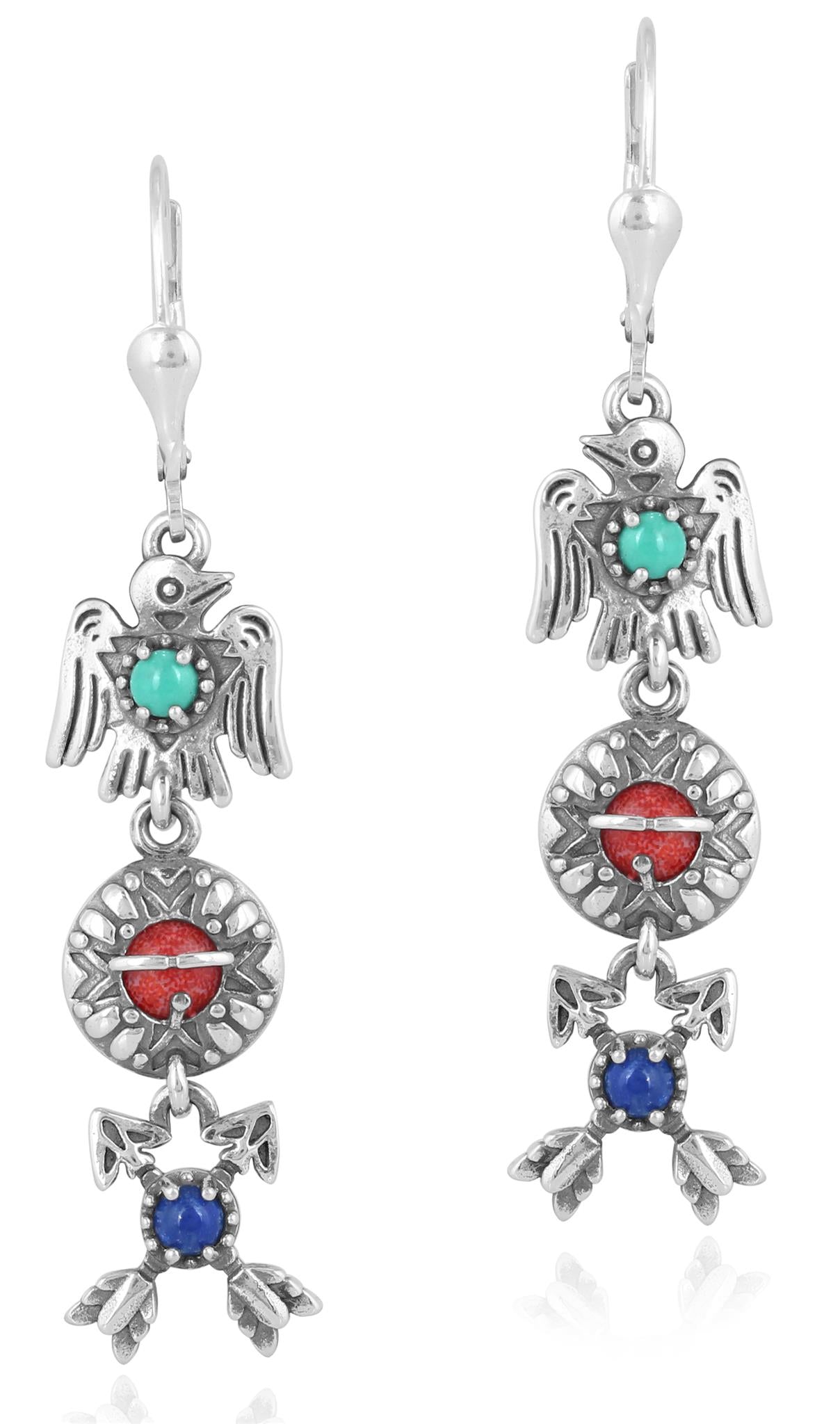 Sterling Silver Gemstone Thunderbird, Sun and Crossed Arrows Dangle Earrings