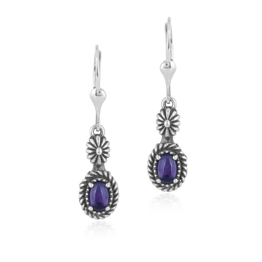 Sterling Silver with Amethyst Gemstone Rope and Flower Design Dangle Earrings