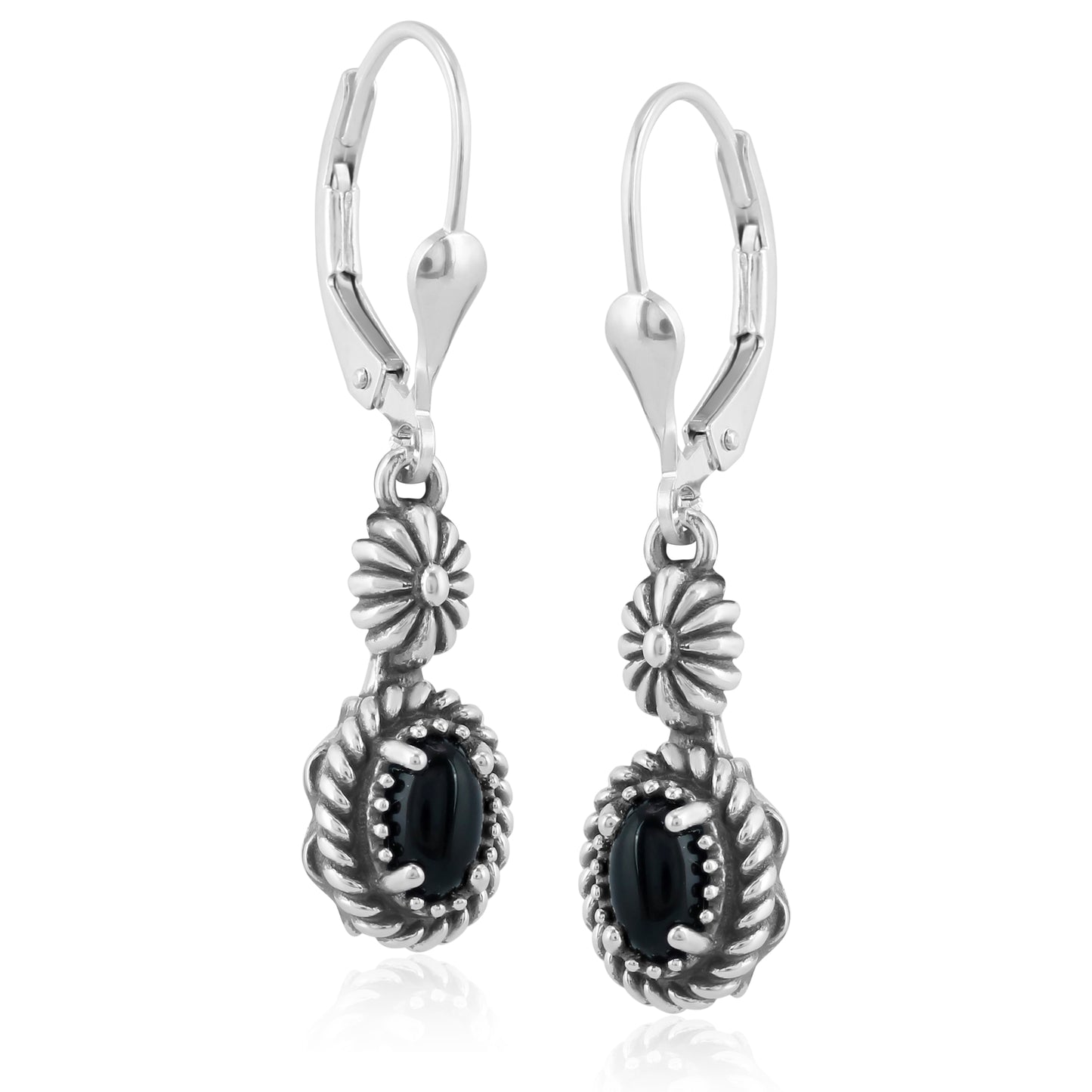 EXCLUSIVELY OURS! Sterling Silver with Black Agate Gemstone Floral and Rope Design Women's Drop and Dangle Earrings