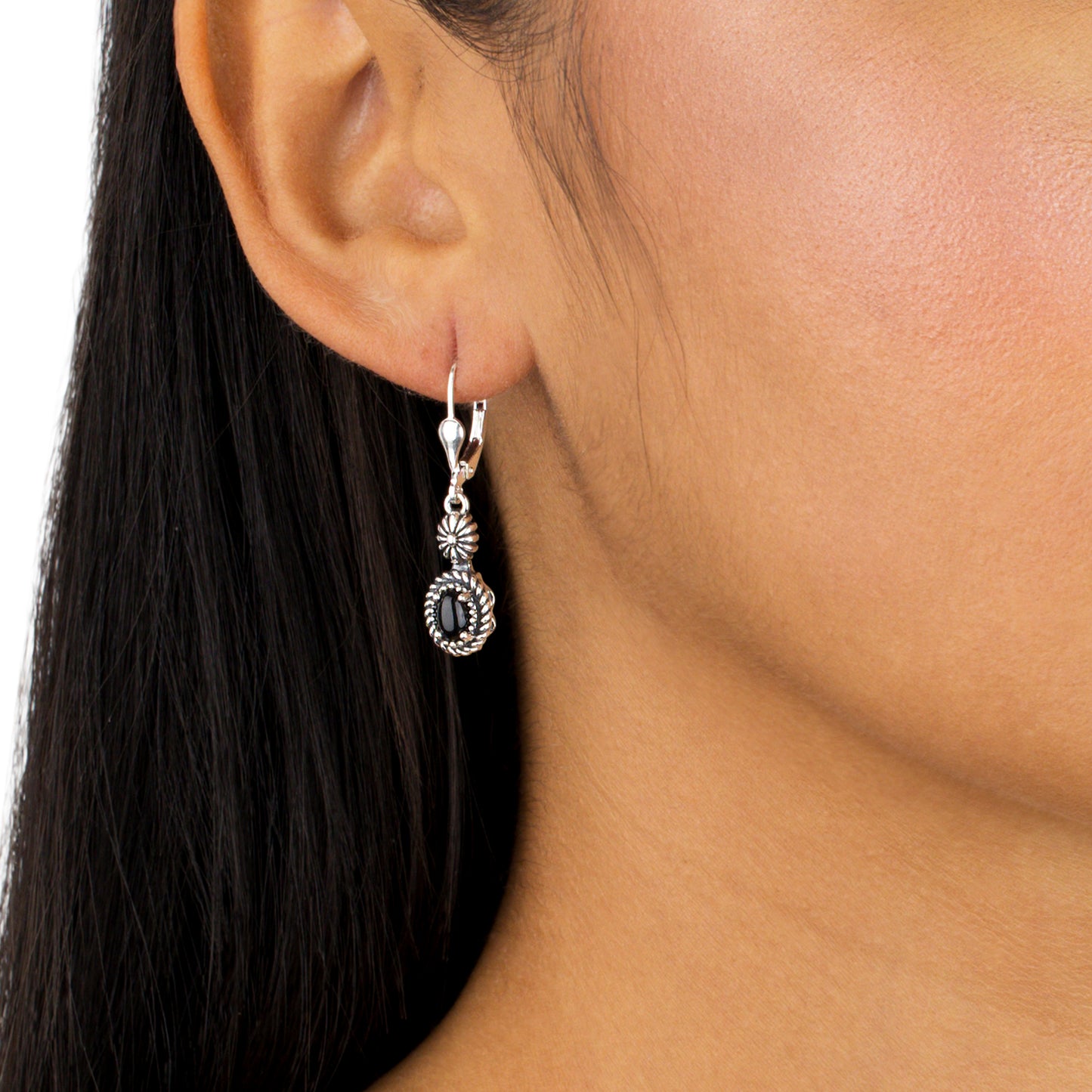 EXCLUSIVELY OURS! Sterling Silver with Black Agate Gemstone Floral and Rope Design Women's Drop and Dangle Earrings
