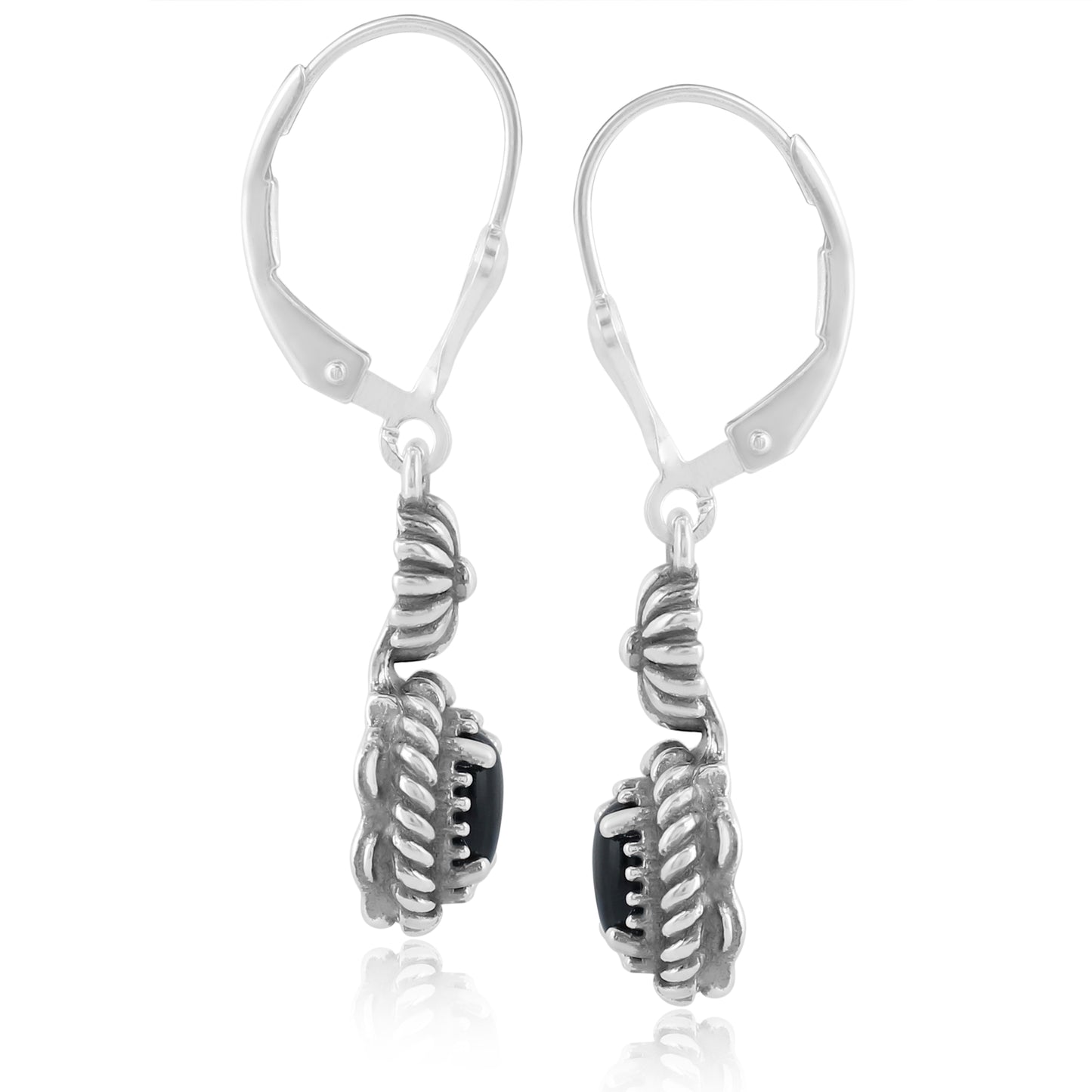 EXCLUSIVELY OURS! Sterling Silver with Black Agate Gemstone Floral and Rope Design Women's Drop and Dangle Earrings
