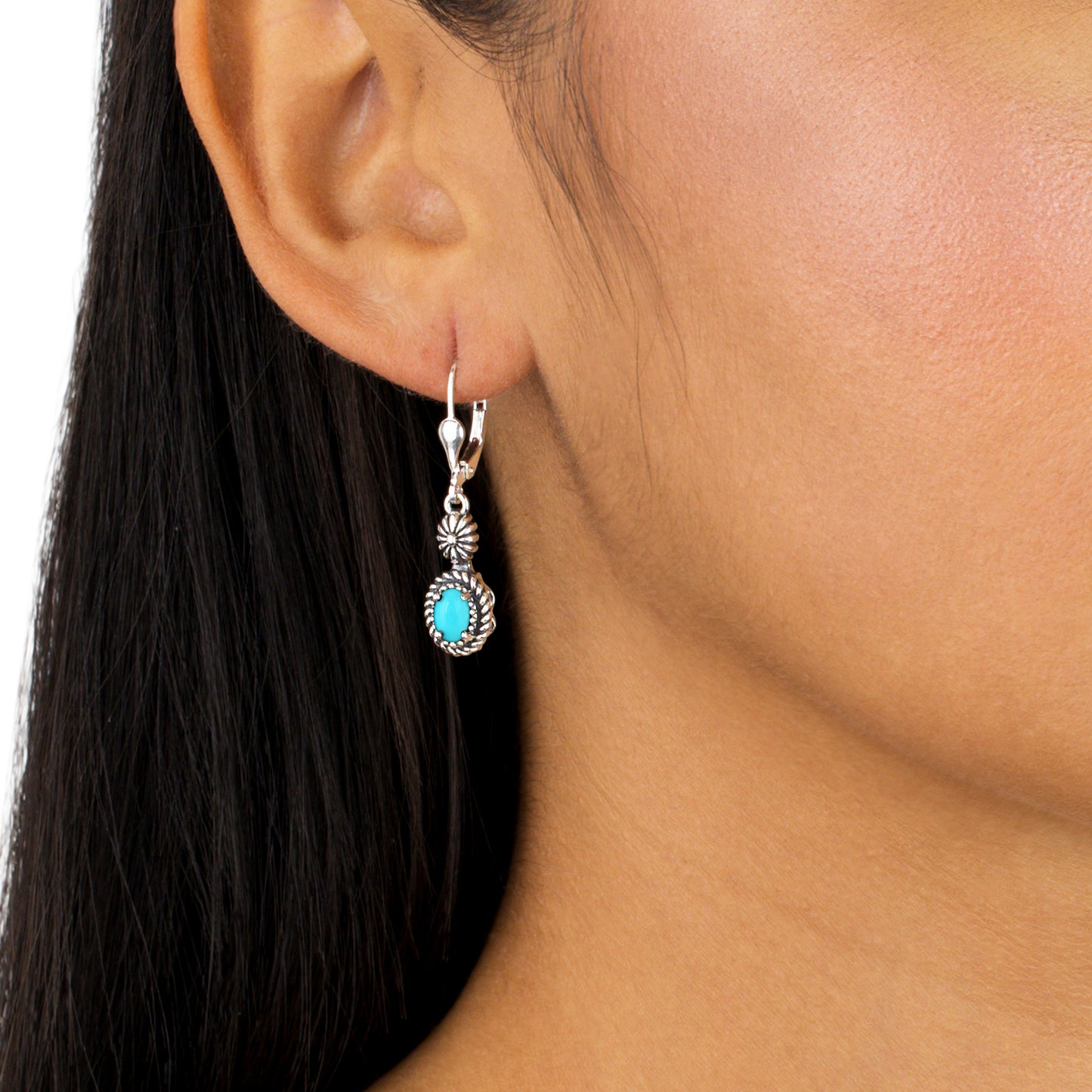 EXCLUSIVELY OURS! Sterling Silver Sleeping Beauty Turquoise Floral and Rope Design Dangle Earrings