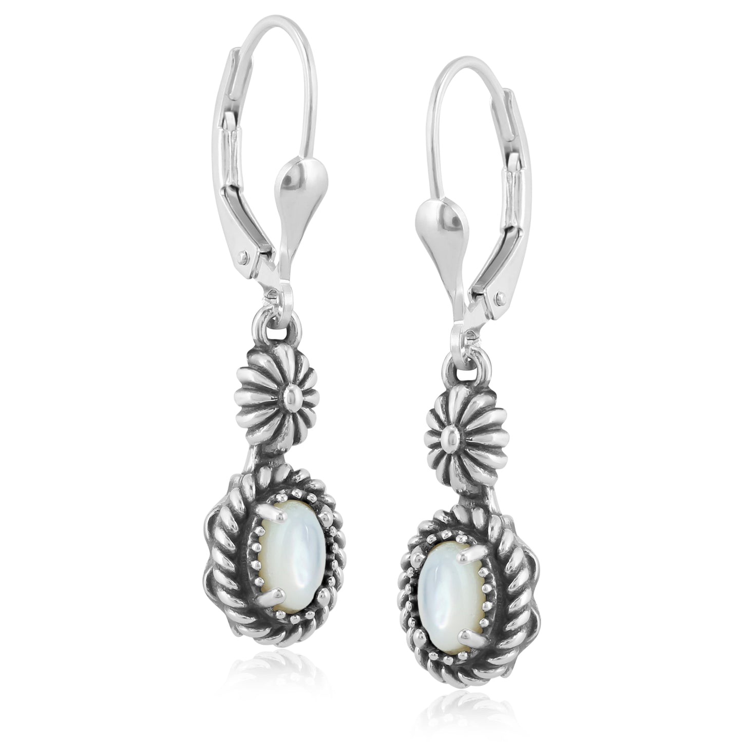 EXCLUSIVELY OURS! Sterling Silver White Mother of Pearl Floral and Rope Design Dangle Earrings