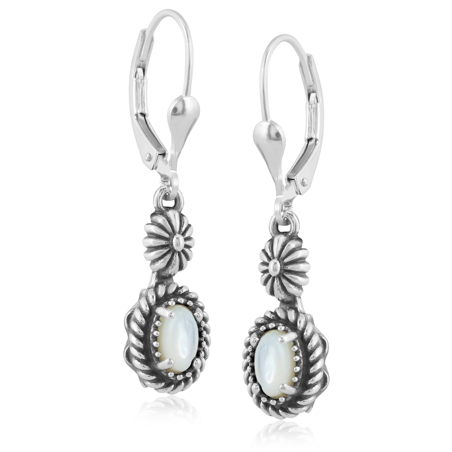 Sterling Silver White Mother of Pearl Floral and Rope Design Drop and Dangle Earrings