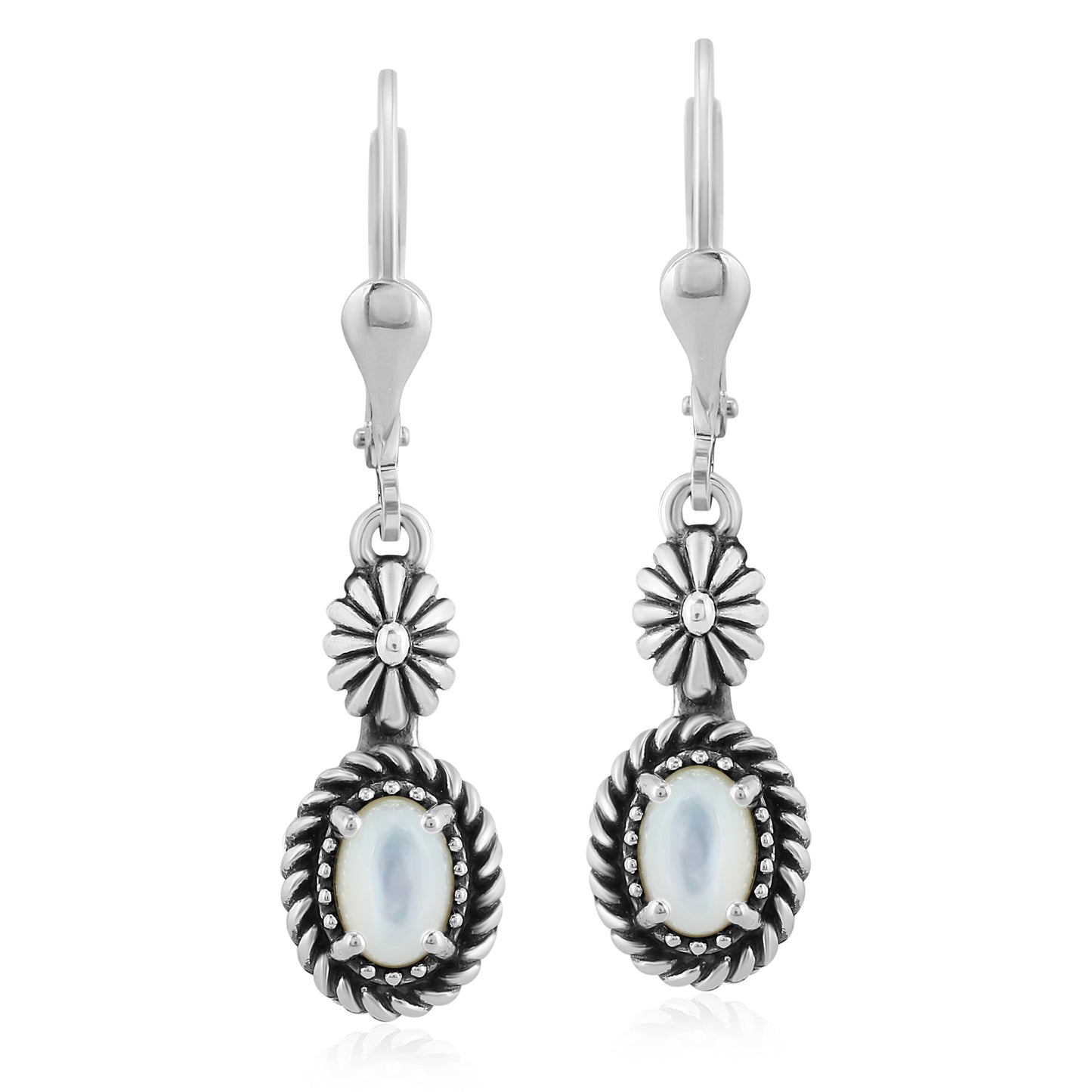EXCLUSIVELY OURS! Sterling Silver White Mother of Pearl Floral and Rope Design Dangle Earrings