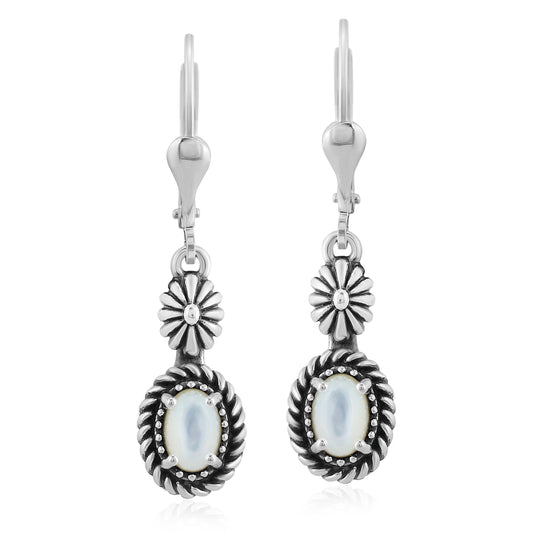 EXCLUSIVELY OURS! Sterling Silver White Mother of Pearl Floral and Rope Design Dangle Earrings