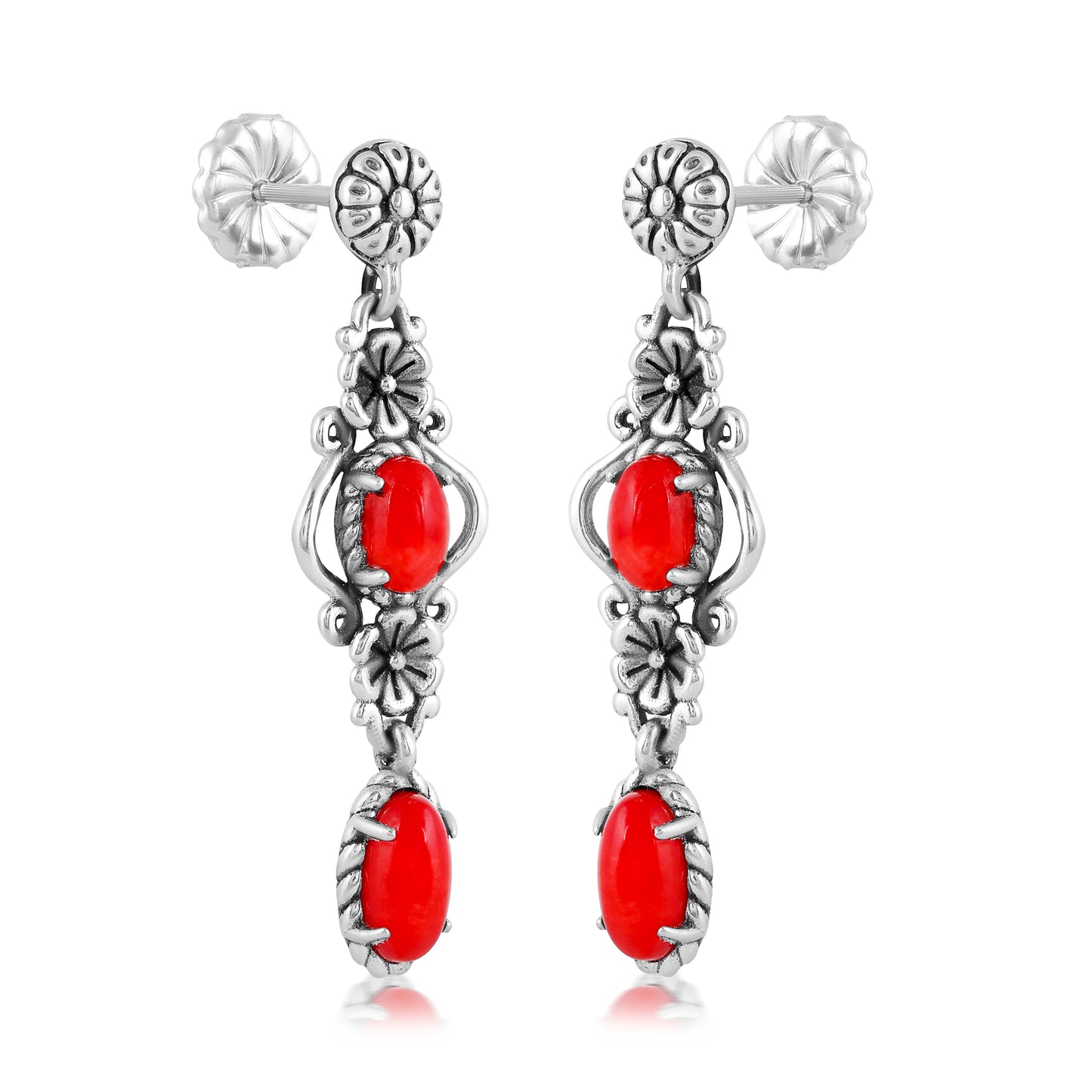 Sterling Silver Women's Drop and Dangle Earrings Red Sea Bamboo Gemstone Floral Design