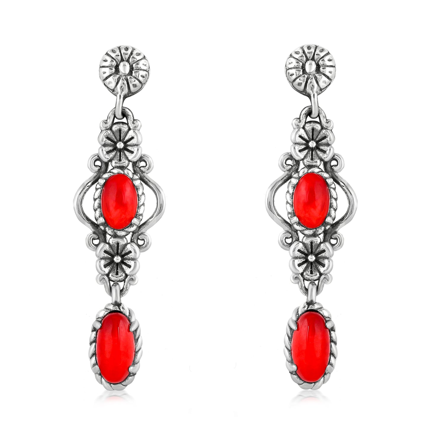 Sterling Silver Women's Drop and Dangle Earrings Red Sea Bamboo Gemstone Floral Design