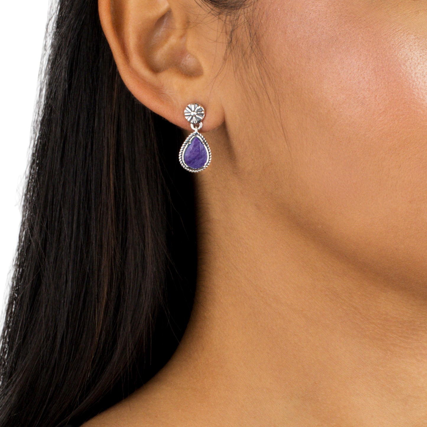 EXCLUSIVELY OURS! Sterling Silver Charoite Pear-Cut Dangle Earrings