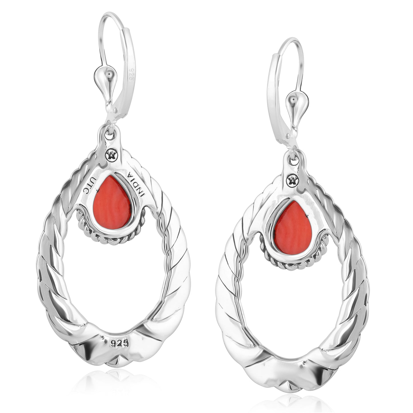 Genuine Red Coral Sterling Silver Pear Shape Lever Back Earrings