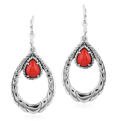 Genuine Red Coral Sterling Silver Pear Shape Lever Back Earrings