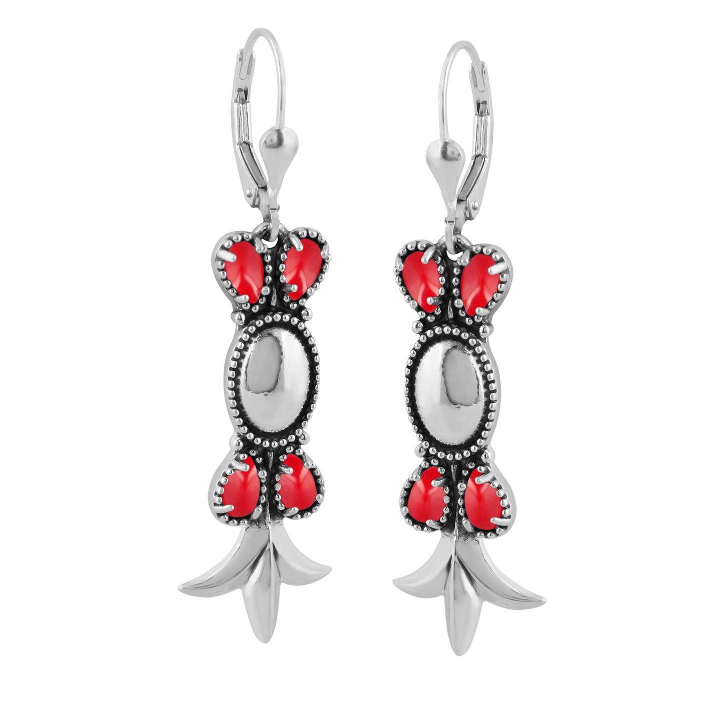 Sterling Silver Red Coral Squash Blossom Dangle Earrings