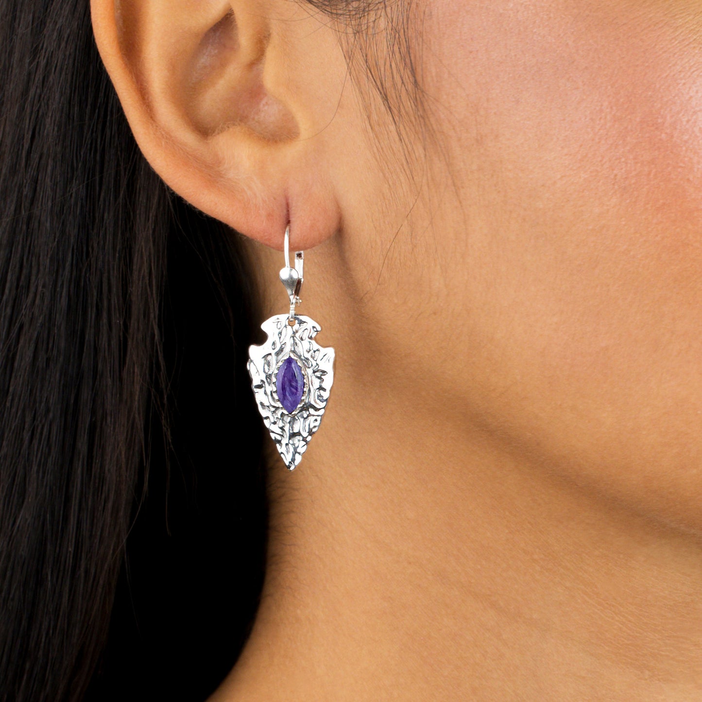 EXCLUSIVELY OURS! Sterling Silver Charoite Fritz Casuse Arrowhead Lever Back Earrings