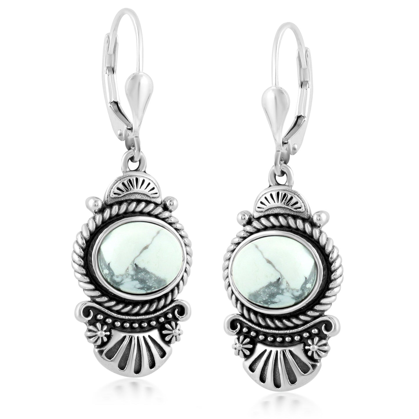 Sterling Silver White Howlite Rope and Fan Design Dangle Earrings