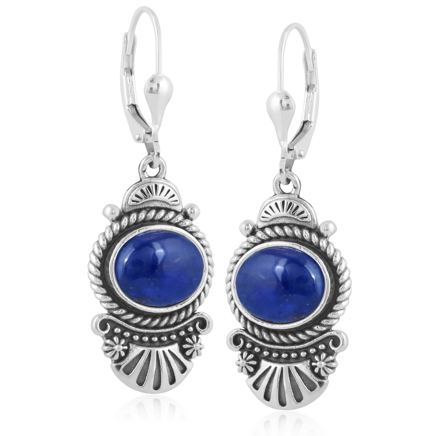 Sterling Silver Sodalite Rope and Fan Design Dangle Earrings